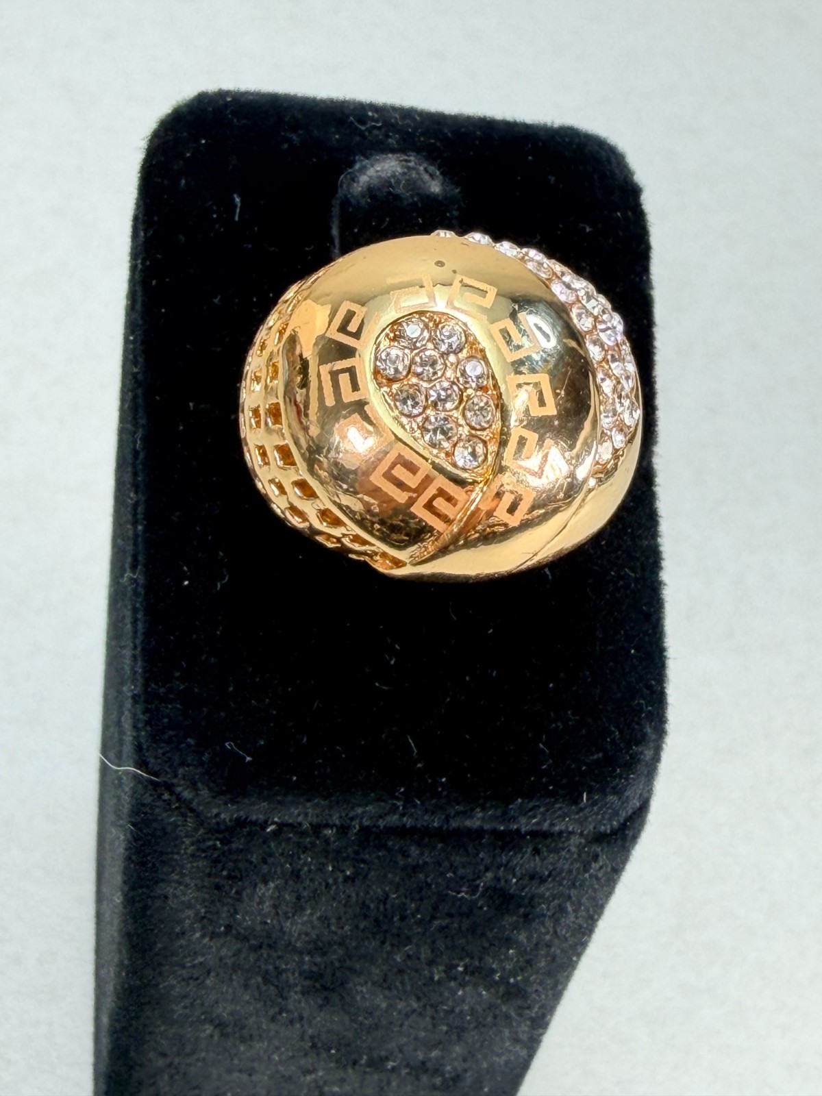 Vintage Gold Tone Greek Key Rhinestone Dome Statement Cocktail Ring