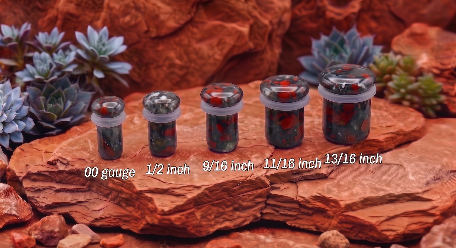 Pair of Chicken Blood Single Flare Stone Ear Plugs Silicone O-Ring Expander E620