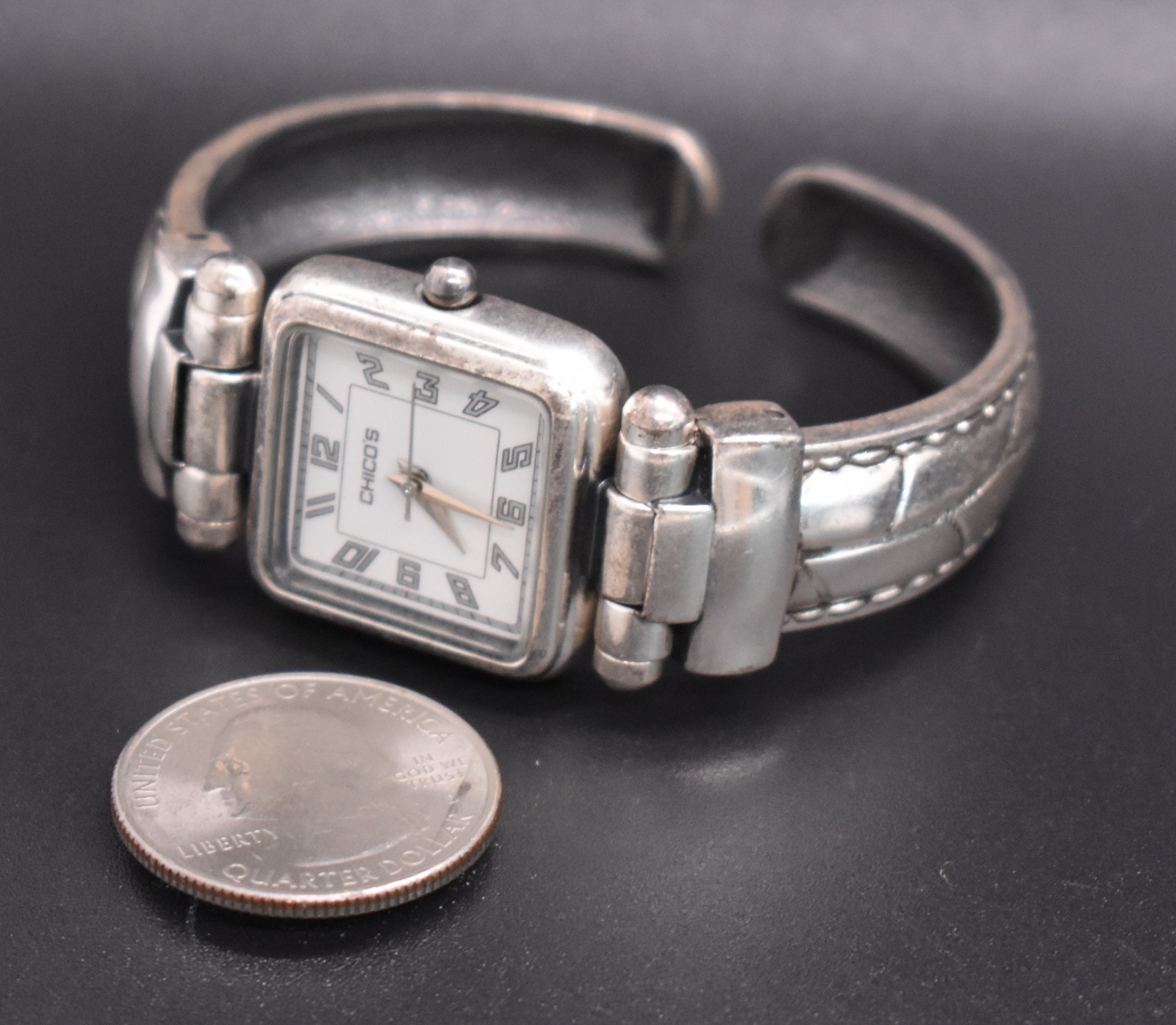 CHICO’S Silver Tone Square Dial Watch Women OX Cuff Bracelet Band NEW BATTERY