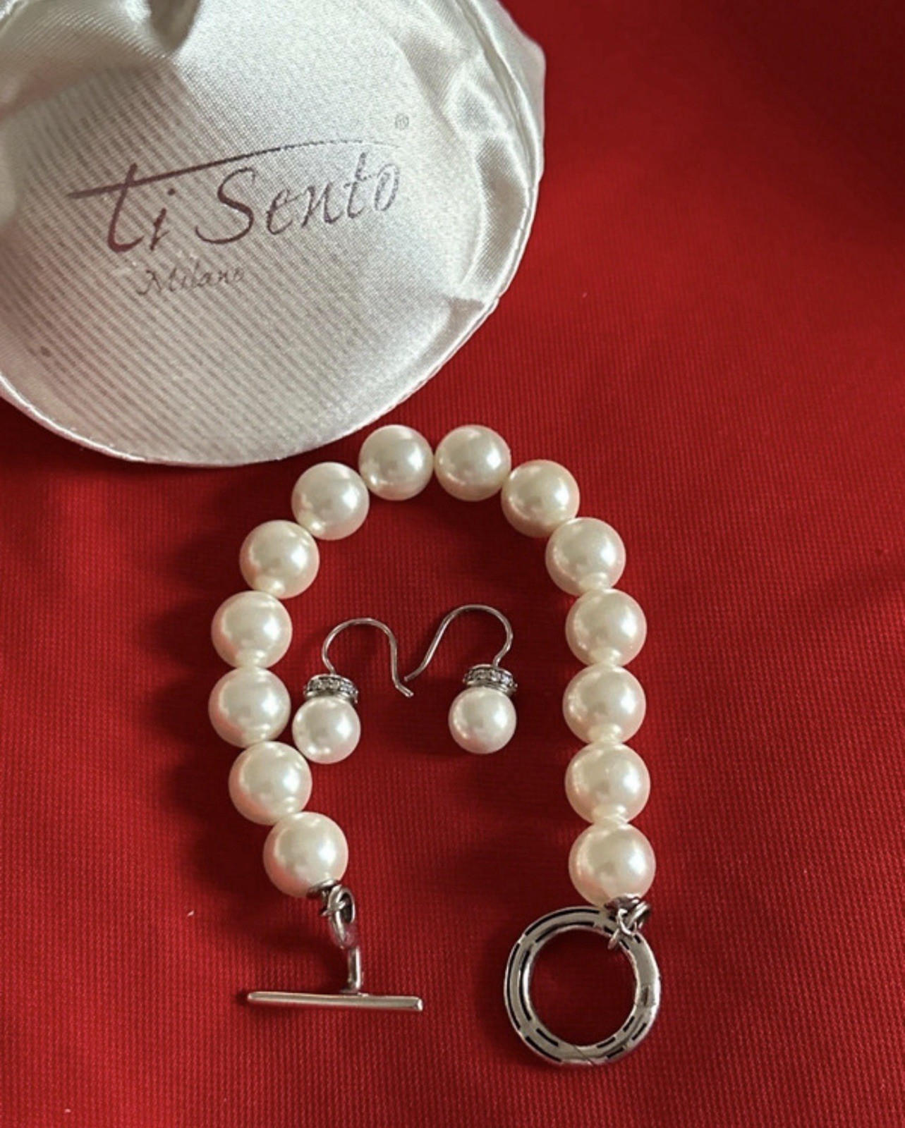 Ti Sento Milano pearl jewelry set sterling silver bracelet & drop earrings pavé