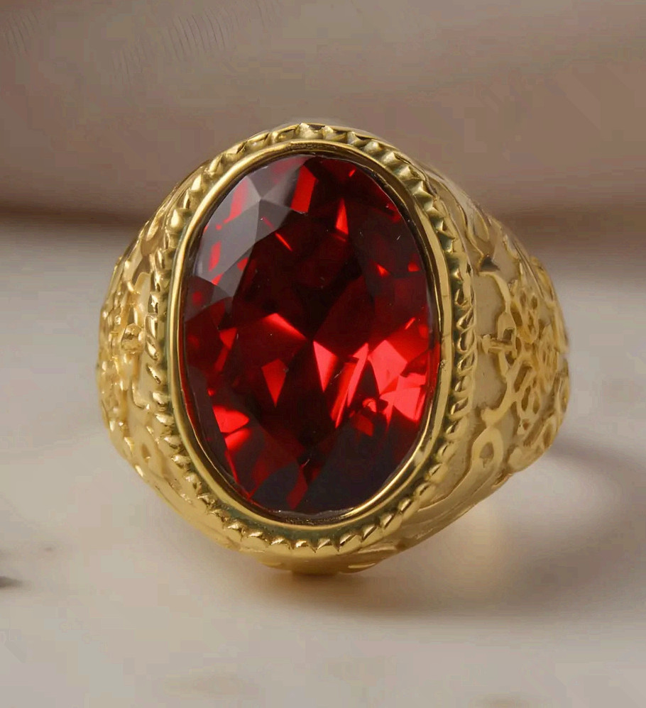 Red Stone Signet Ring Surgical Steel Gold Tone Statement Band