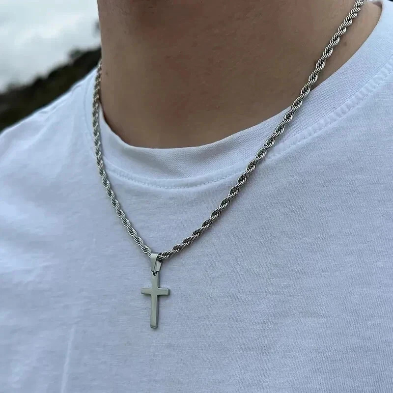 NewMen Stainless Steel Cross Pendant Necklace Hip Hop Simple Chain Silvery Gift