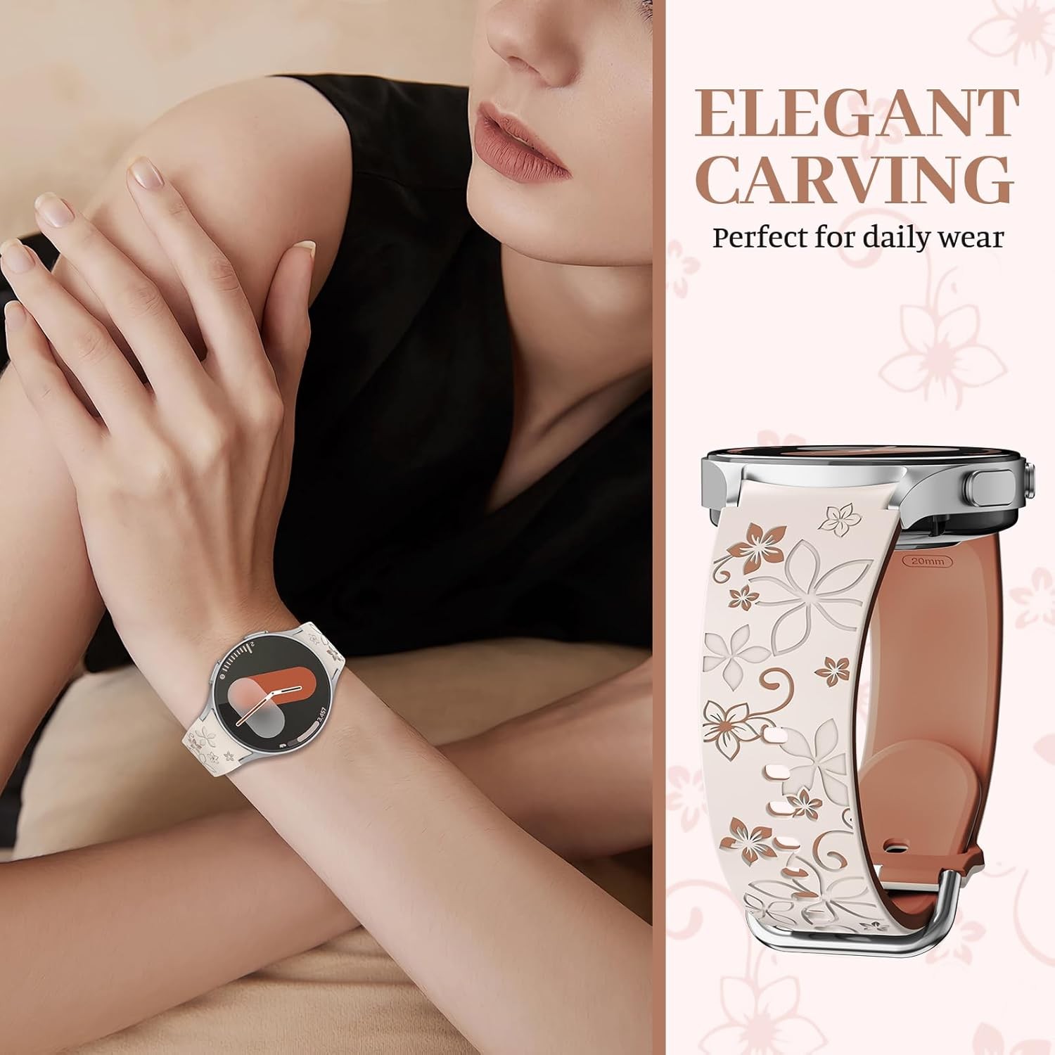 Flower Engraved Band for Samsung Galaxy Watch 7/6/5/4/FE 40mm 44mm/Galaxy Watch