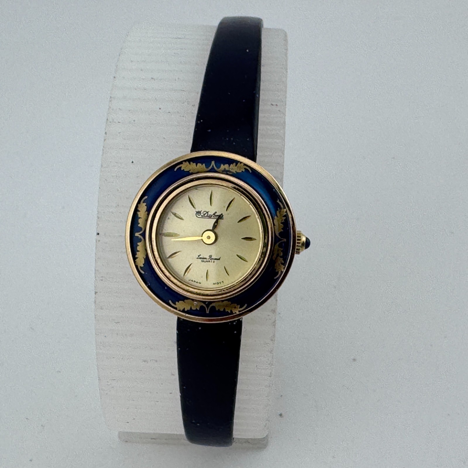 VTG Dufonte Quartz Watch Women 20mm Gold Tone Enamel Bezel Leather New Battery