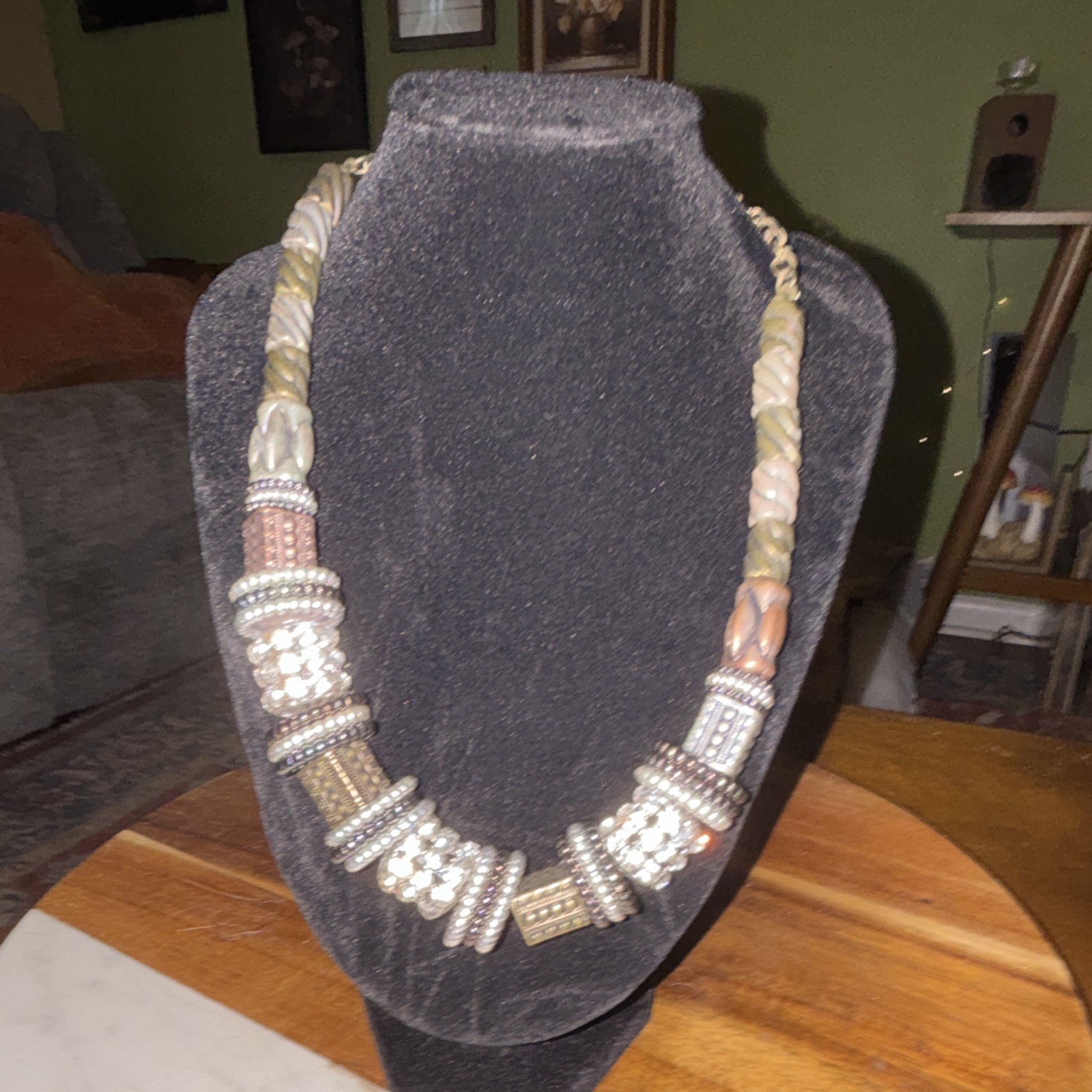 Gold Tone Beige Beaded Statement Necklace Rhinestone Adjustable Cable Chain