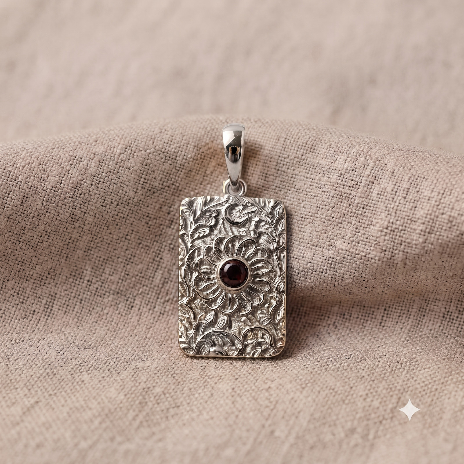 Gold Floral Rectangle Pendant Necklace, Sterling Silver Celestial Flower Charm