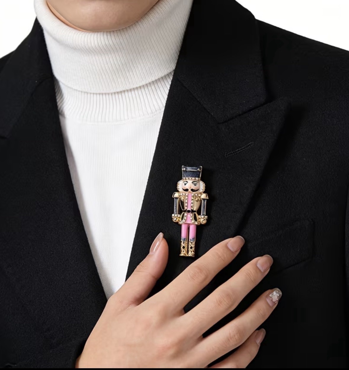 Pink Nutcracker Soldier Rhinestone Brooch Pin Gold Tone Christmas Holiday Gift