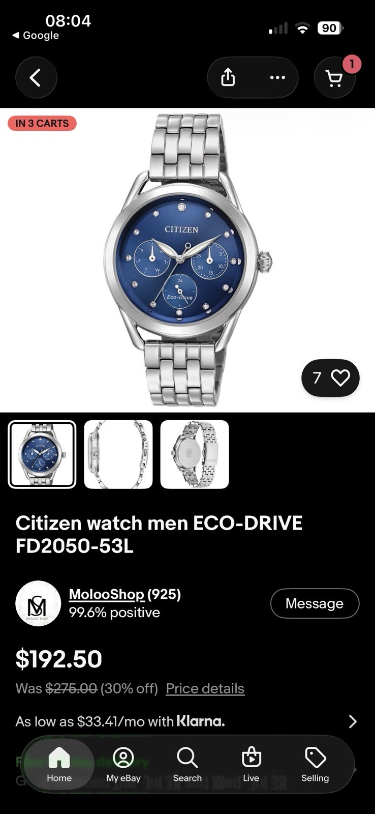 Citizen Eco-Drive Men’s Blue Dial Stainless Bracelet Quartz Day 50m Watch