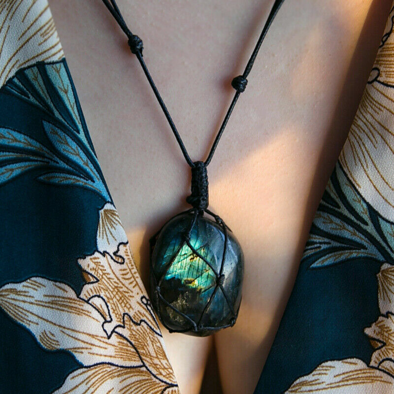 Labradorite Natural Irregular Stone Macrame Wrap Pendant Necklace Energy