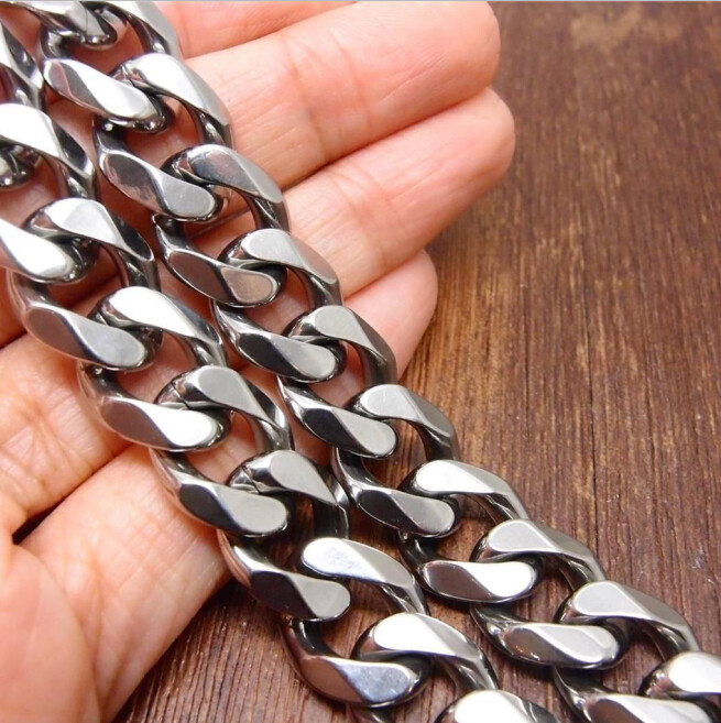 24″15mm Top 316L Stainless Steel Heavy Link Silver Curb Cuban Chain Men Necklace