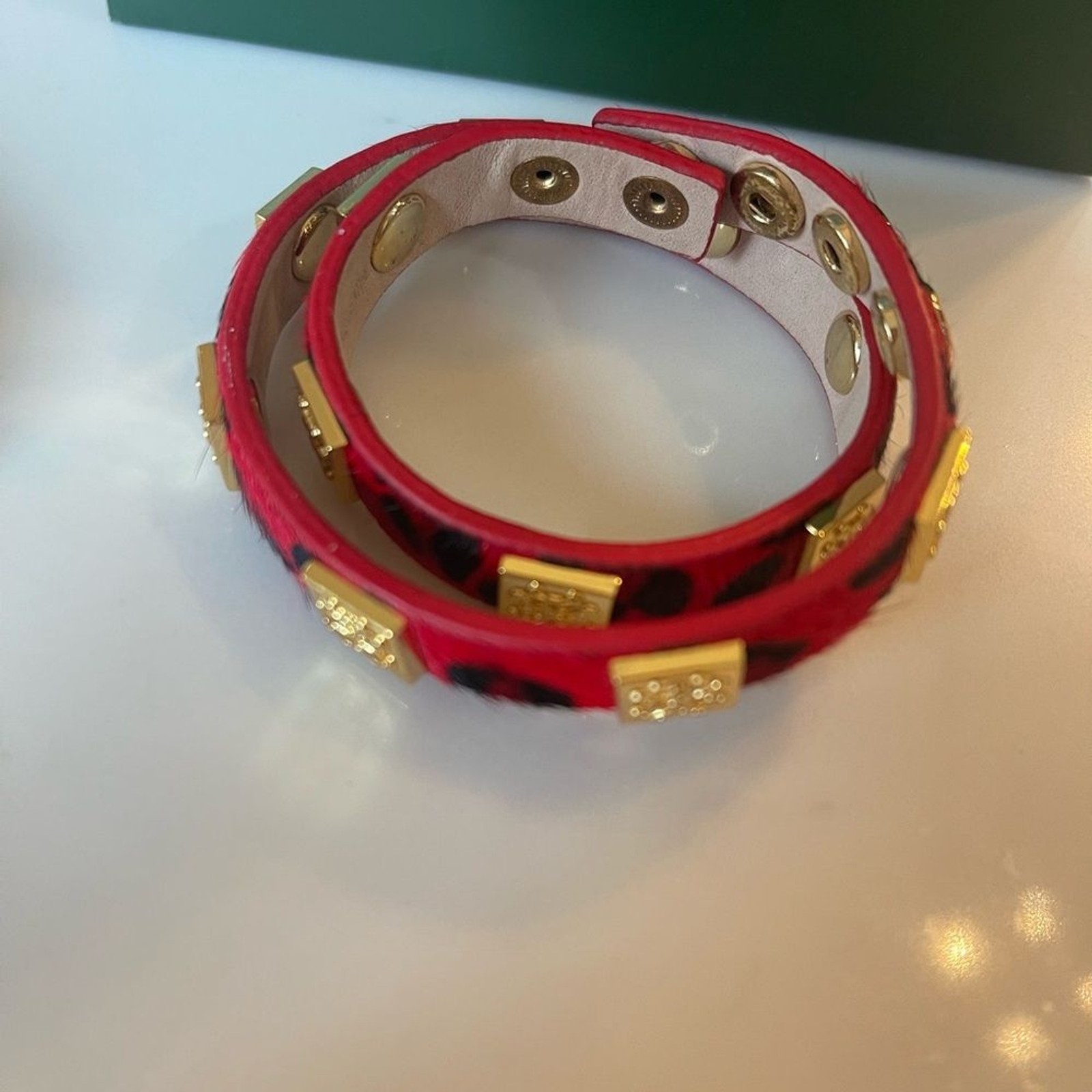 Rustic Cuff Brown Red Calf Skin Double Leather Wrap Gold Tone With Bag & Pouch