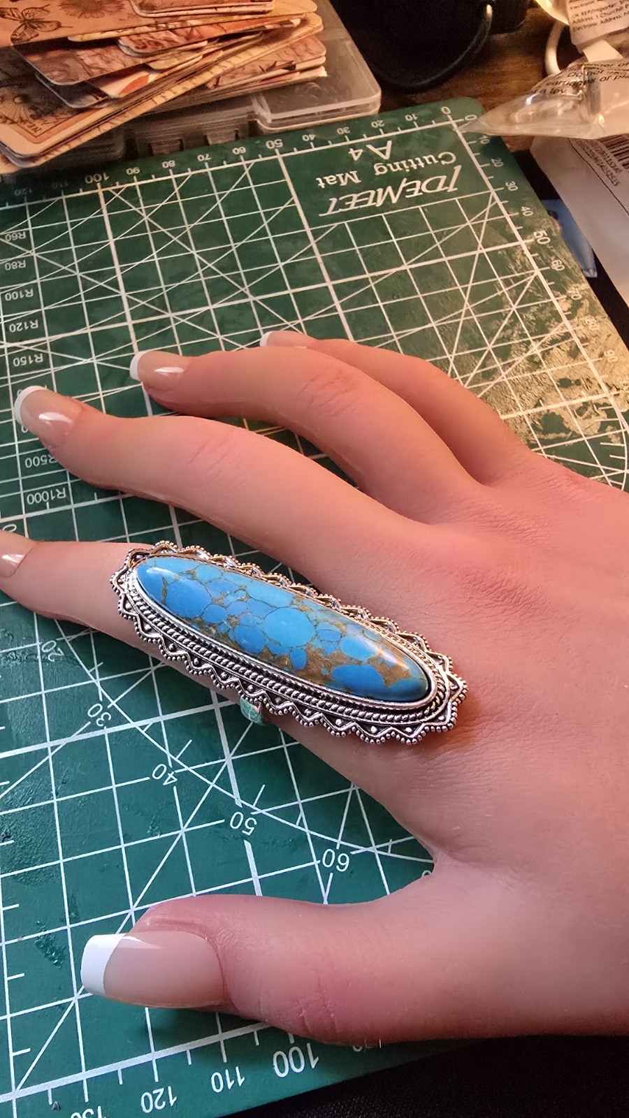 Turquoise Accent Inspired Boho Ring Size 8 includes box 2″ long zinc alloy