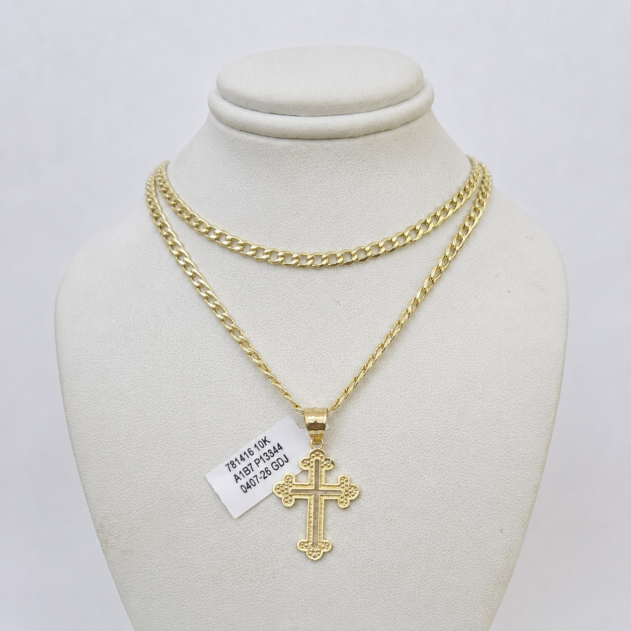 10K Gold Cuban Curb Link Chain Necklace Christ Cross Pendant Set 3mm 18″–24″