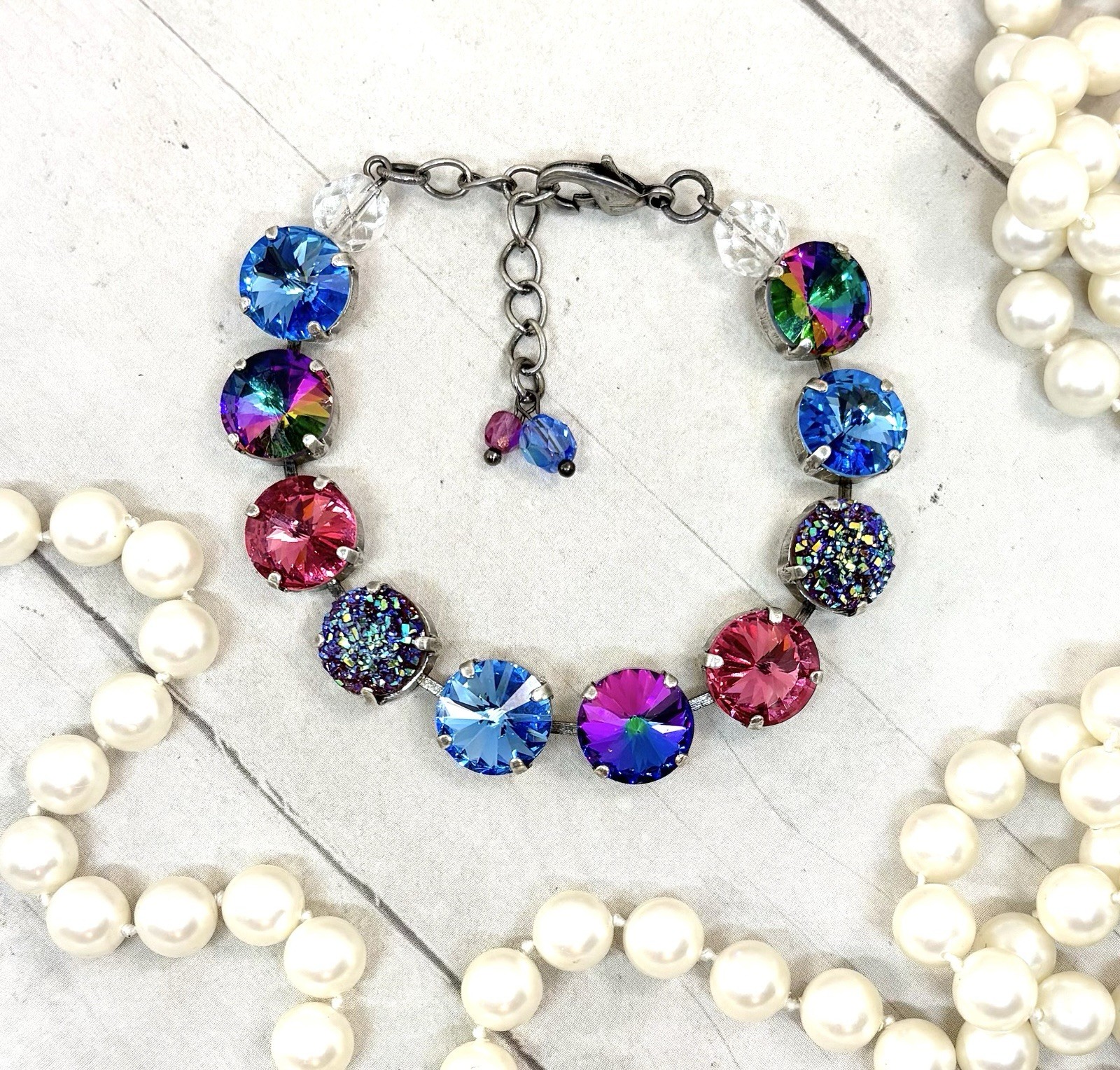 12mm Antique Silver Plated Ice Blue And Pink Druzy Cup Chain Statement Bracelet