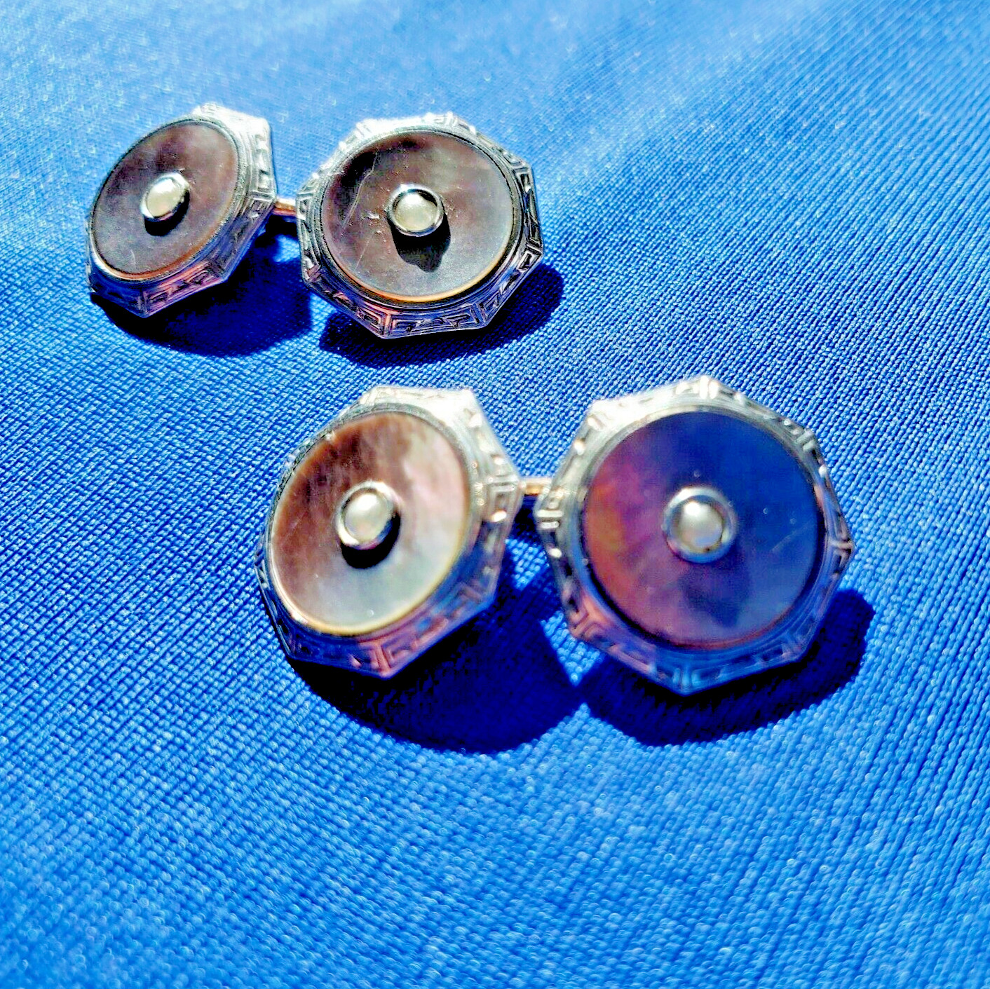 Original VINTAGE KREMENTZ ART DECO ENGRAVED PEARL CUFF LINKS OCTAGON DESIGN