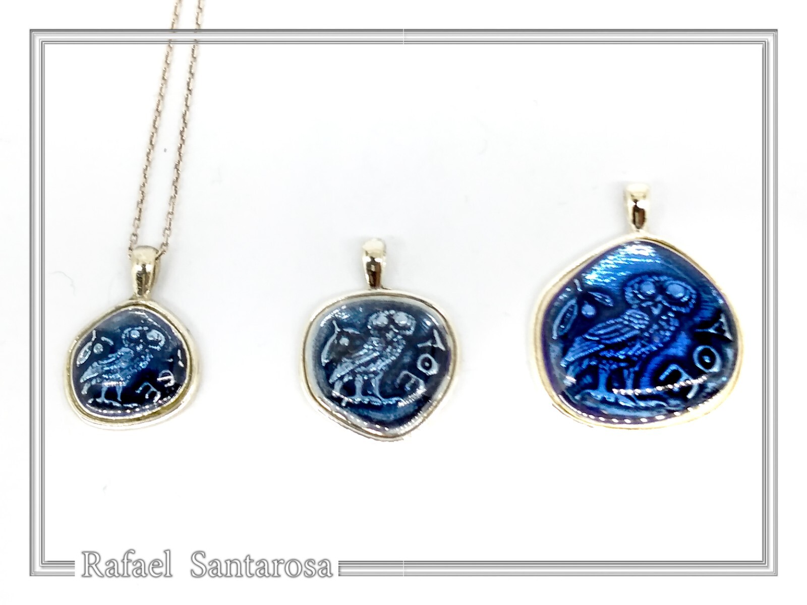 Athena Owl coin pendant blue enamel oxidized silver ancient Greek museum replica