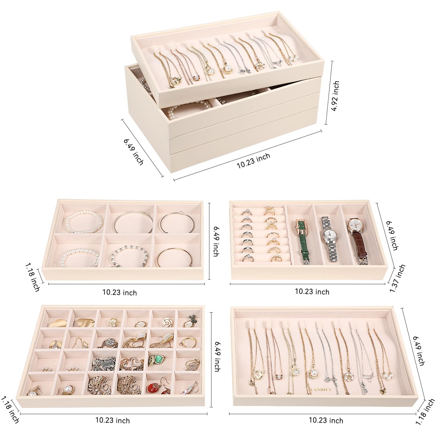 Jewelry Organizer Trays 10.23″ X 6.49″ X 4.92″ – Set of 4 PU Leather Storage