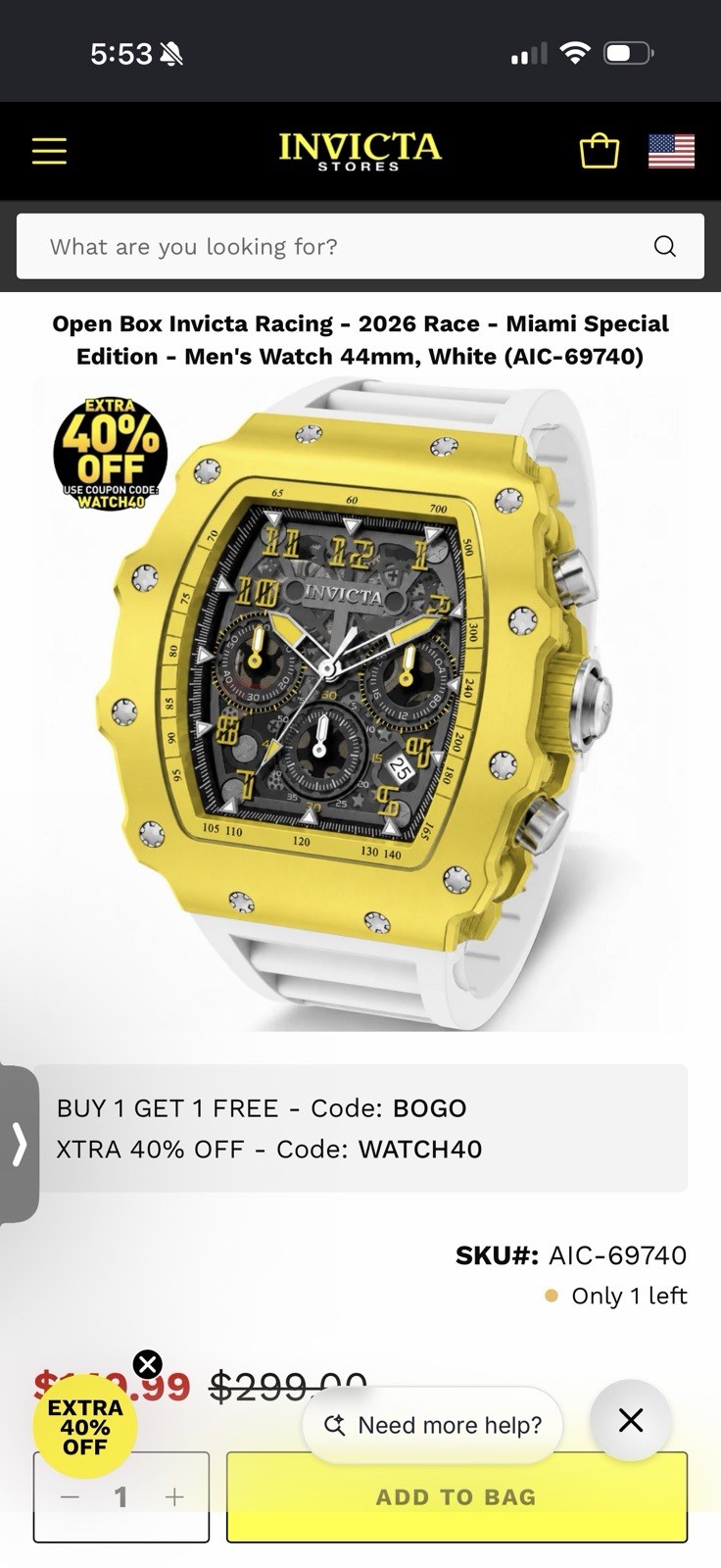 Invicta 2026 Mens Race Miami Special Edition 44mm Yellow And White New With Box