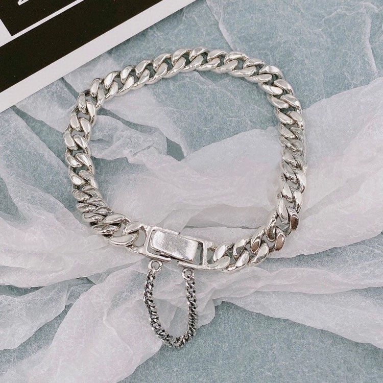 Pure Real S925 Sterling Silver Bracelet 8mm Curb Link Tassel Cuban Chain