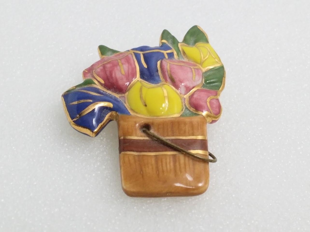 Vintage Handcrafted Ceramic Multicolored Enamel Floral Pot Brooch