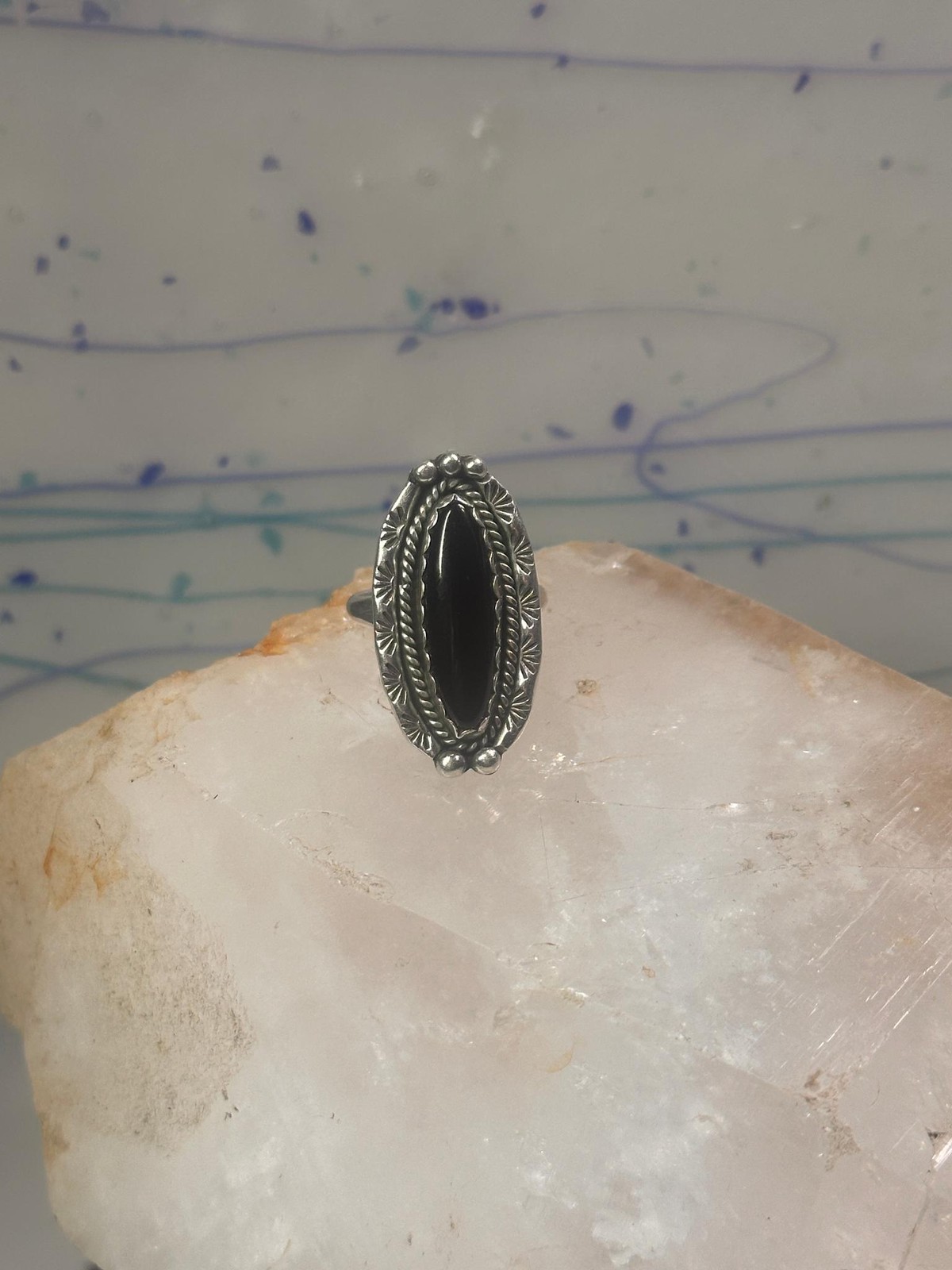 Navajo Ring Long Onyx size 6.5 sterling silver women girls signed LY