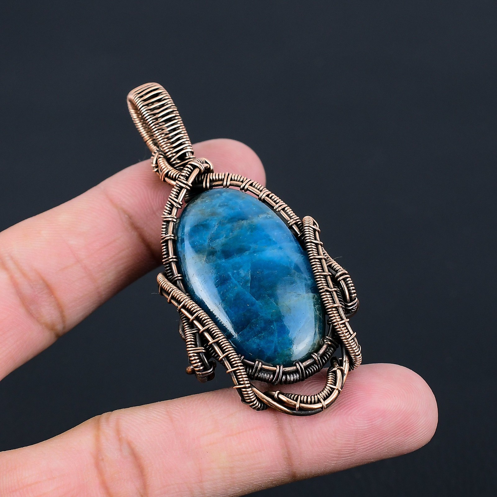 Neon Blue Apatite Handmade Gemstones Copper Wire Wrapped Pendant Jewelry