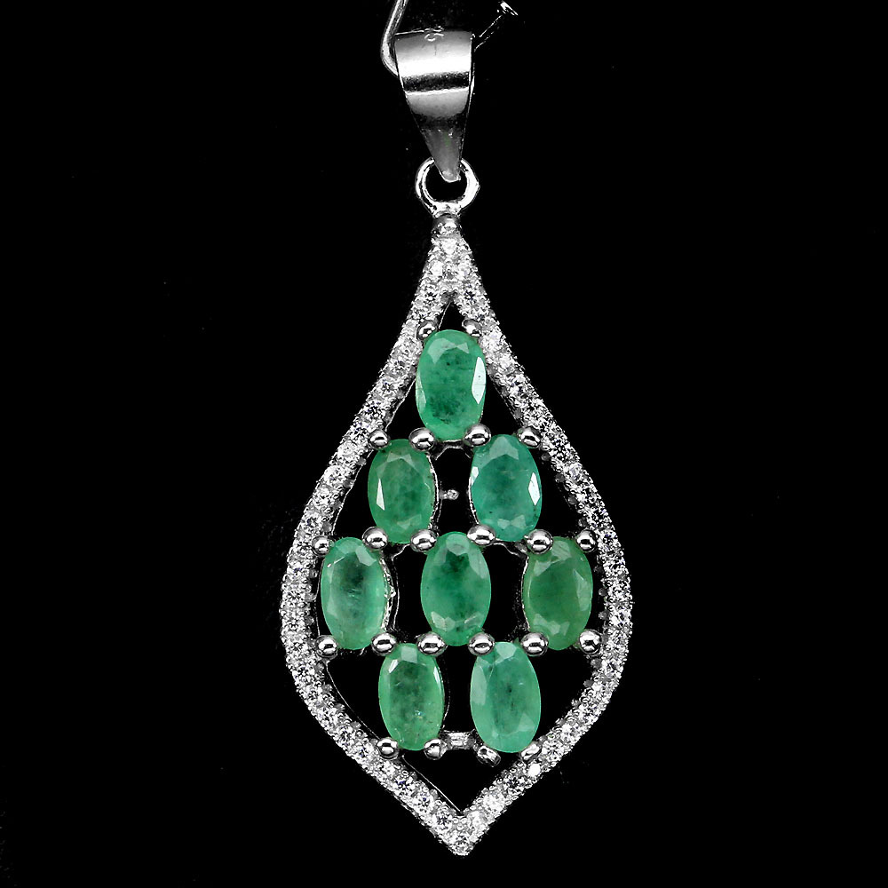 Natural Gem TOP Rich Green Emerald & W Cz 925 Sterling Silver Pendant Chain Free