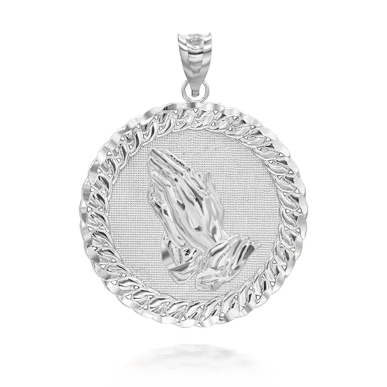 925 Sterling Silver Cuban Framed Praying Hands Medallion Circle Pendant Necklace