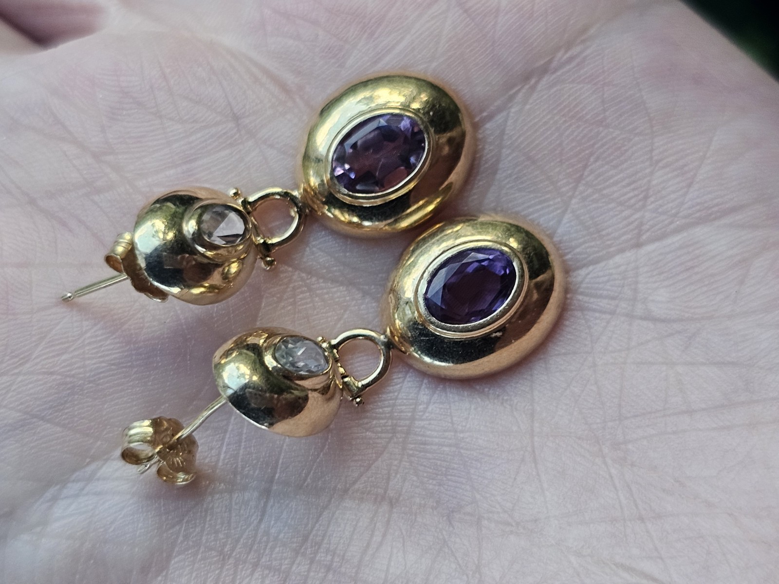 Vintage 14k Yellow Gold Purple Blue Gemstone Doorknocker Postback Earrings 3g