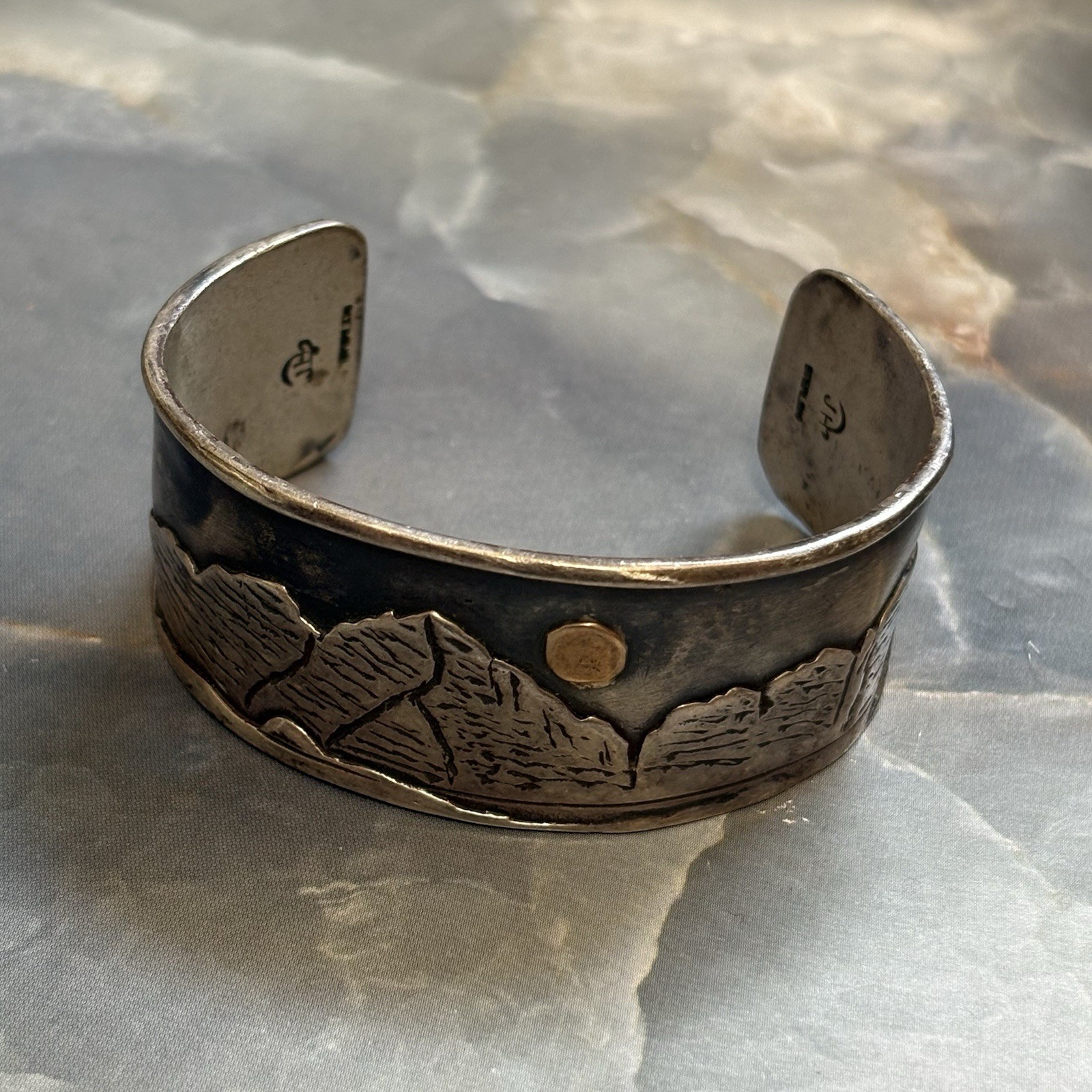 Vintage Native 925 Sterling Silver Storytelling Cuff Gold Moon JH Maker Mark