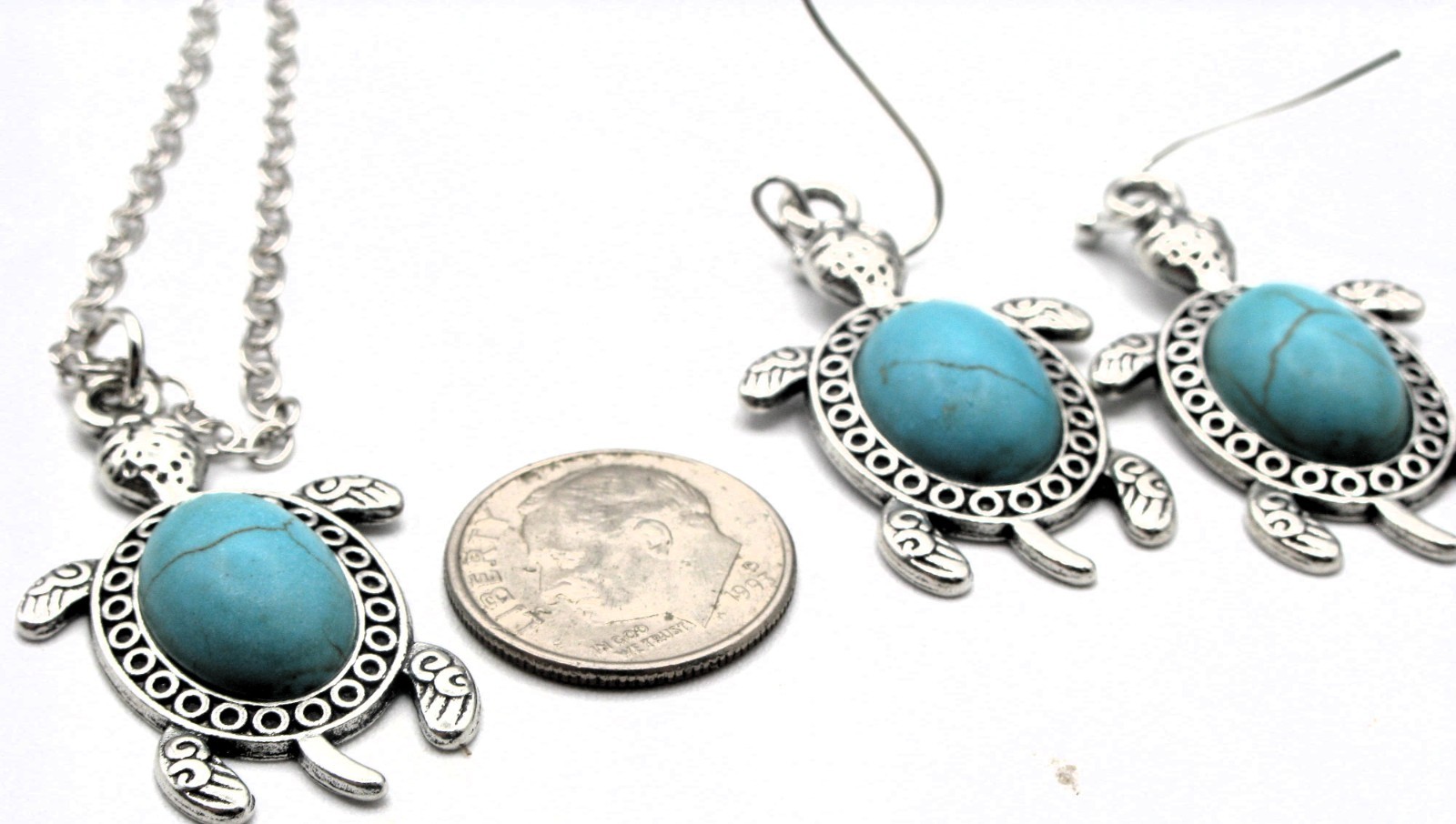 Silver Tone Turtle Necklace and Earring Set, Turquoise Stone, 16.5″ & Extender