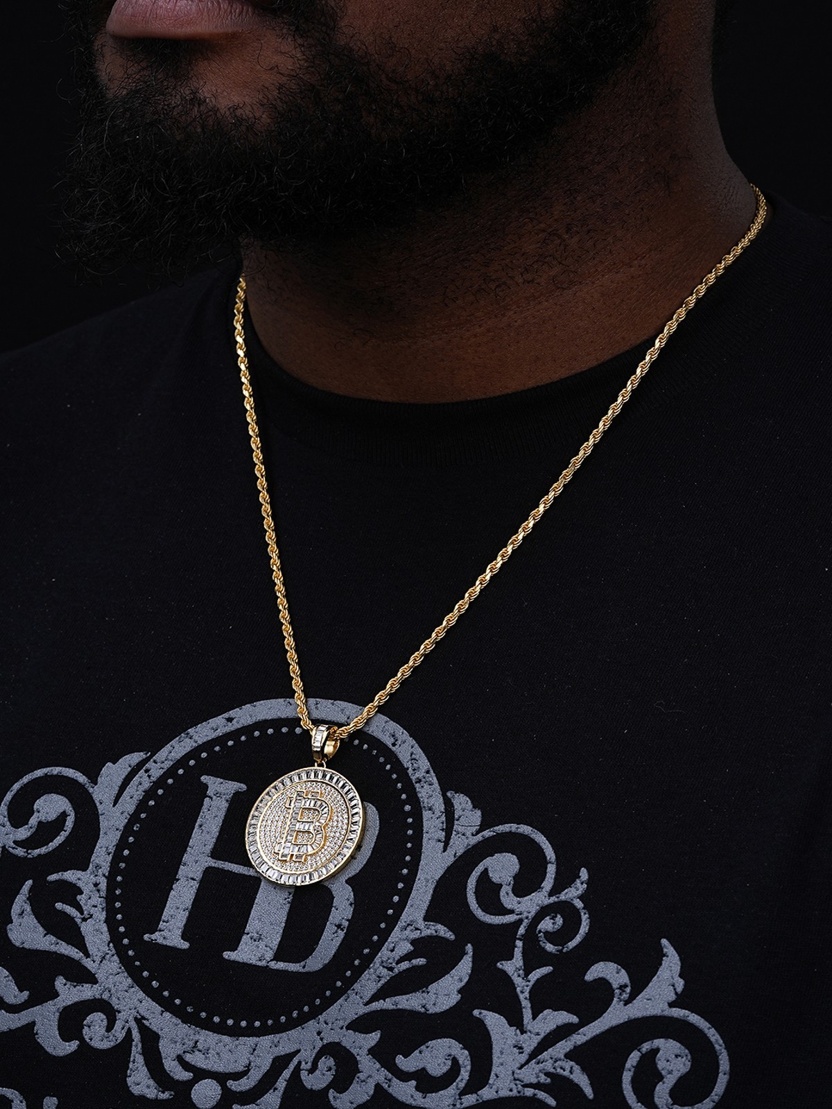 Solid 925 Silver 14K Gold Plated Bling Out BITCOIN CZ Hip Hop Pendant Necklace
