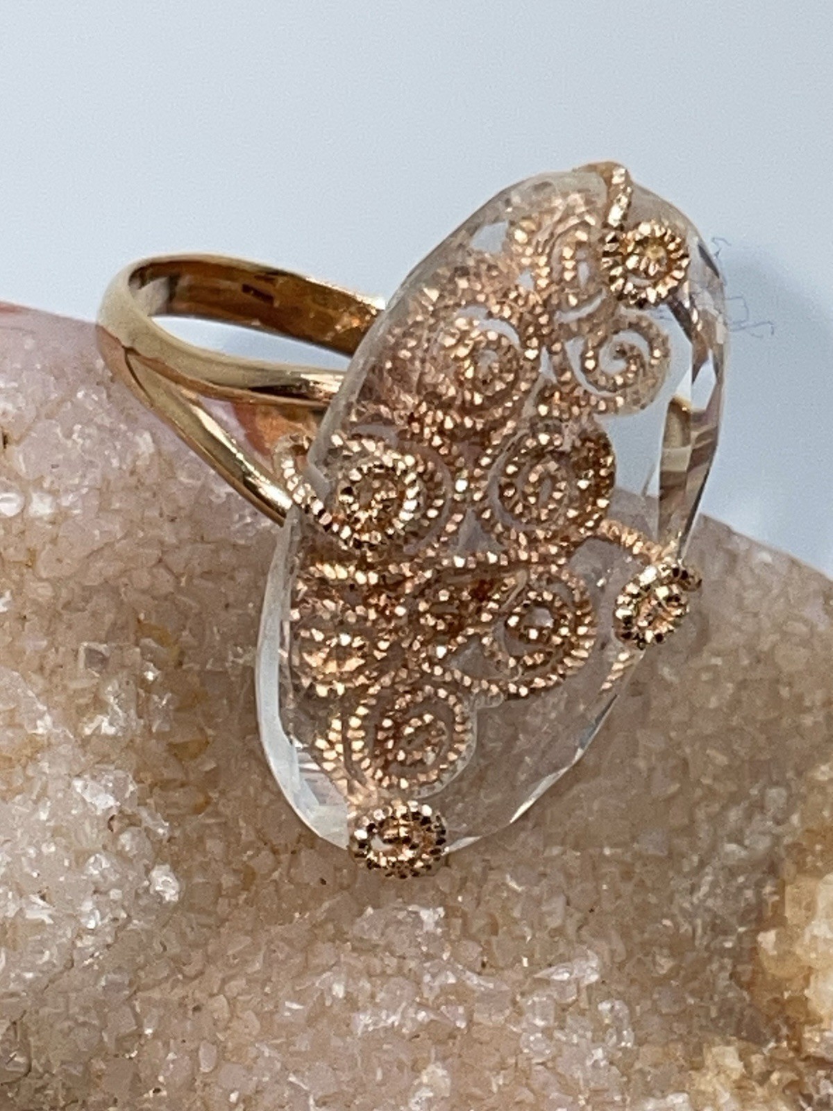 14KT 14K Rose Gold Caged Crystal Filigree RING Statement Italy Milor Size 10.25