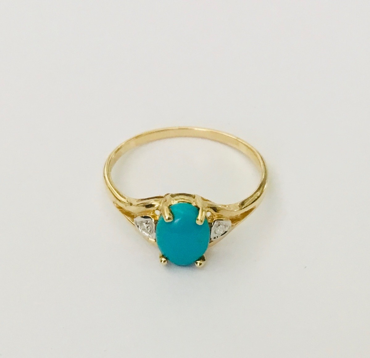 Dainty Natural Turquoise Gemstone & Diamonds In Solid 14K Gold Rings NEW