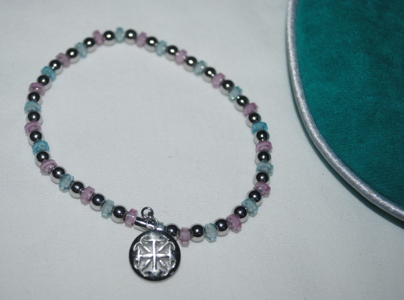Rustic Cuff bracelet, pink, blue, silver beads, silvertone charm dangle, RC bag