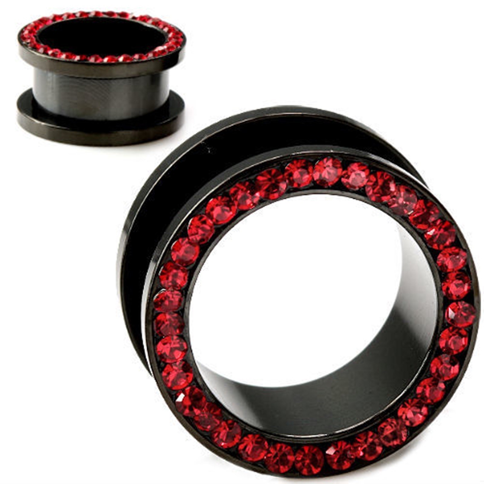 PAIR-Black Titanium IP w/Red Gems Screw On Ear Tunnels 04mm/6 Gauge