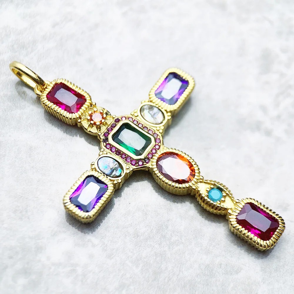 925 Sterling Silver Cross Pendant Multi Gemstone Accents YG