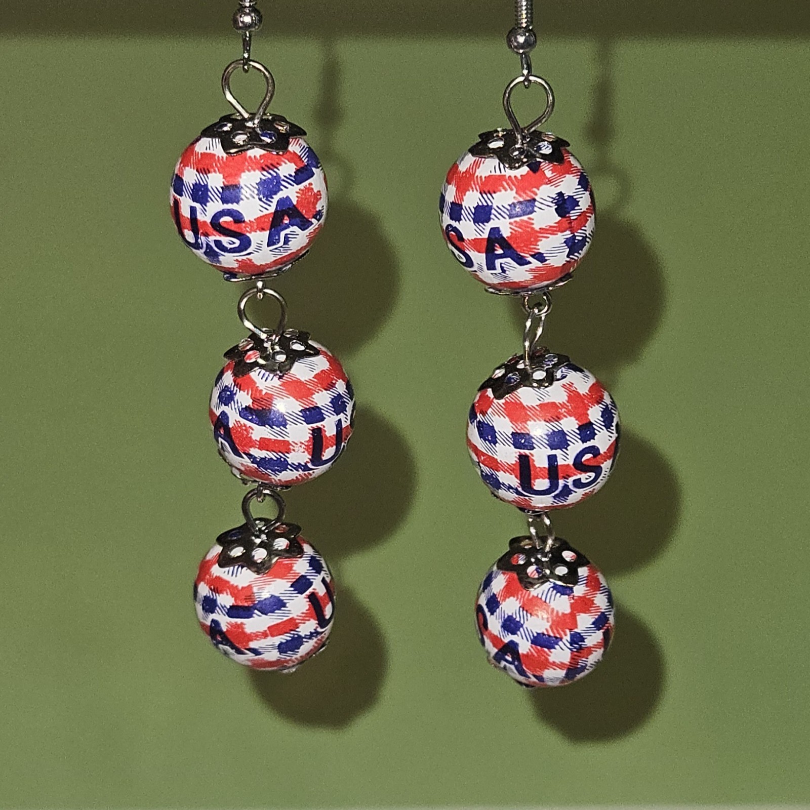 USA Patriotic Red White Blue Beaded Dangle/Drop Hook Earrings Metal