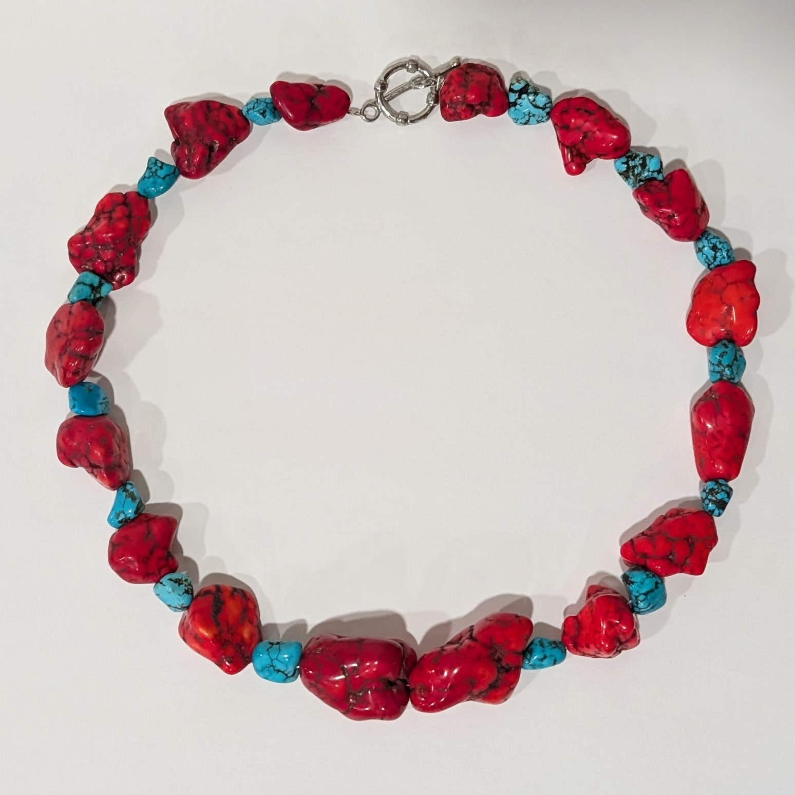 Chunky Necklace with Vivid Red and Blue Dyed Howlite Nuggets 18.5 in.