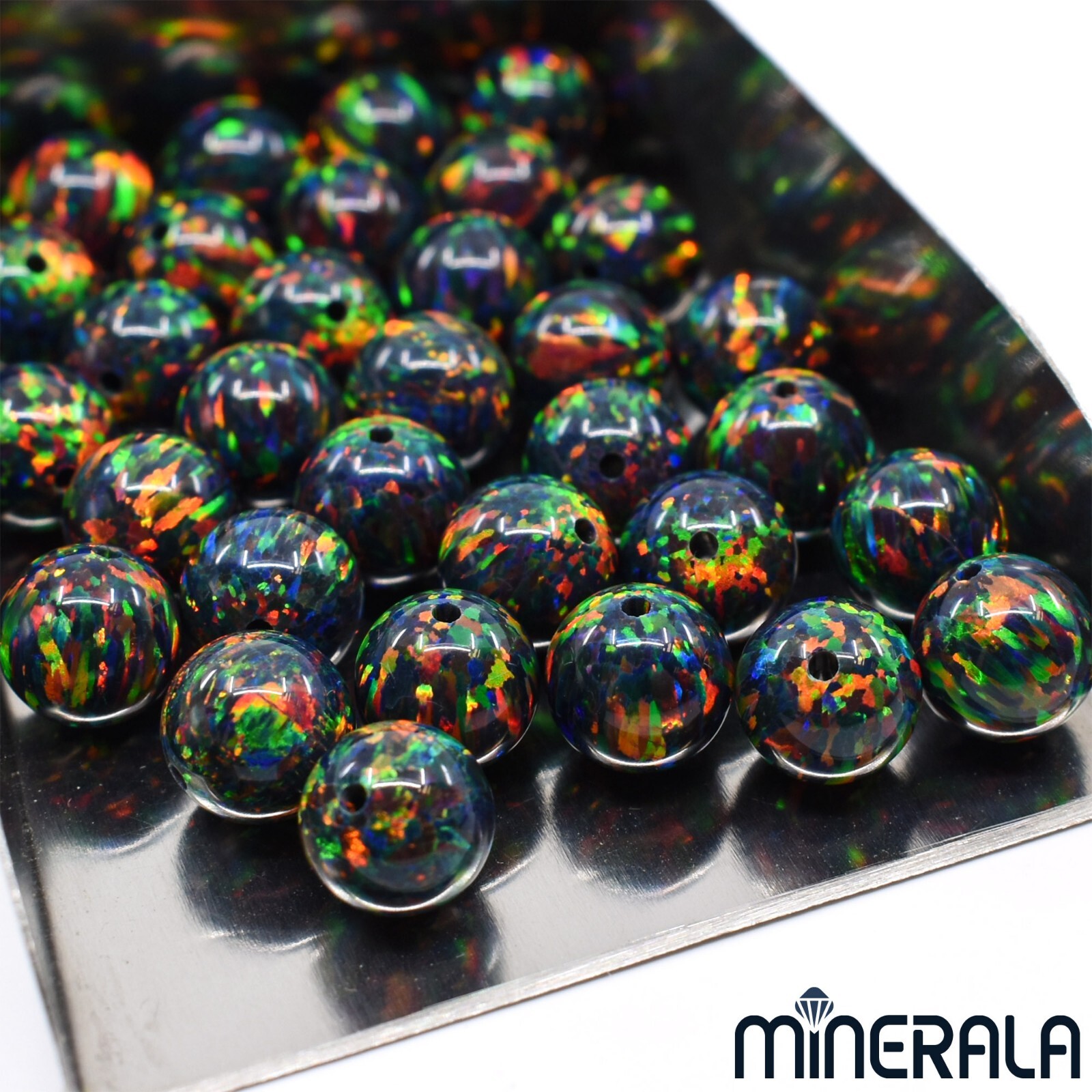 FIRE BLACK SYNTHETIC LAB CREATED OPAL FULL DRILL ROUND BEADS 3mm-10mm WP027B5