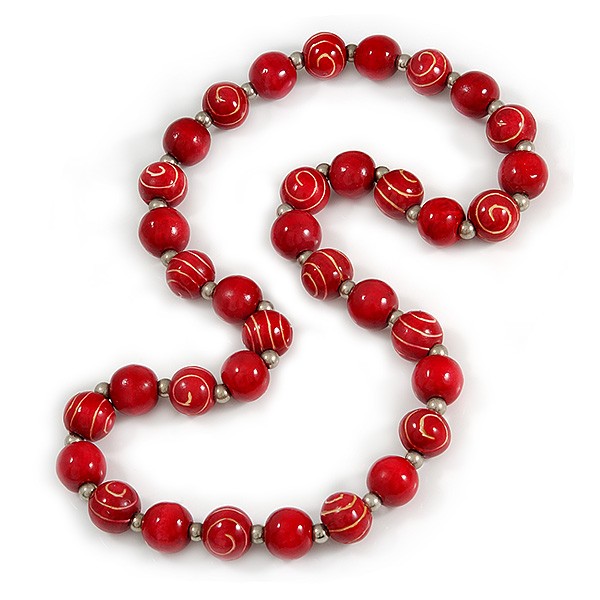 Long Chunky Red Wood Bead Necklace – 82cm L