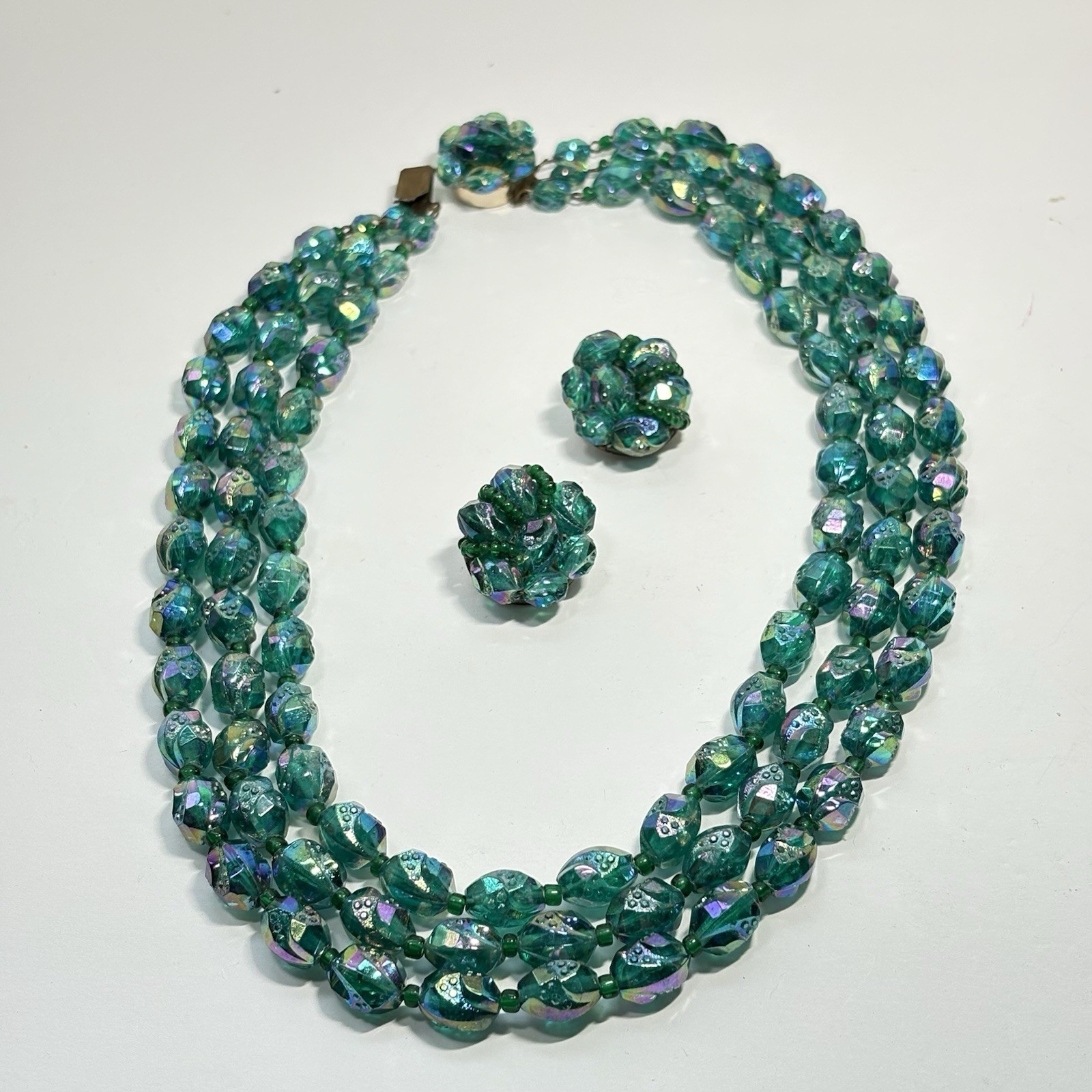 Vintage West Germany Green Lucite Bead Jewelry Set AB 3 Tier Necklace Earrings