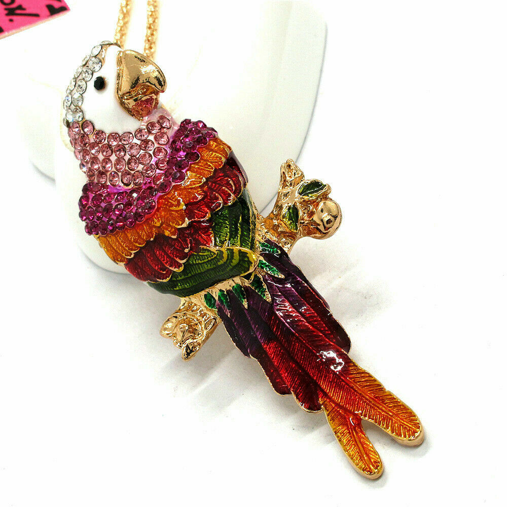 New Betsey Johnson Enamel & Crystal Macaw Parrot Bird Pendant Sweater Necklace I
