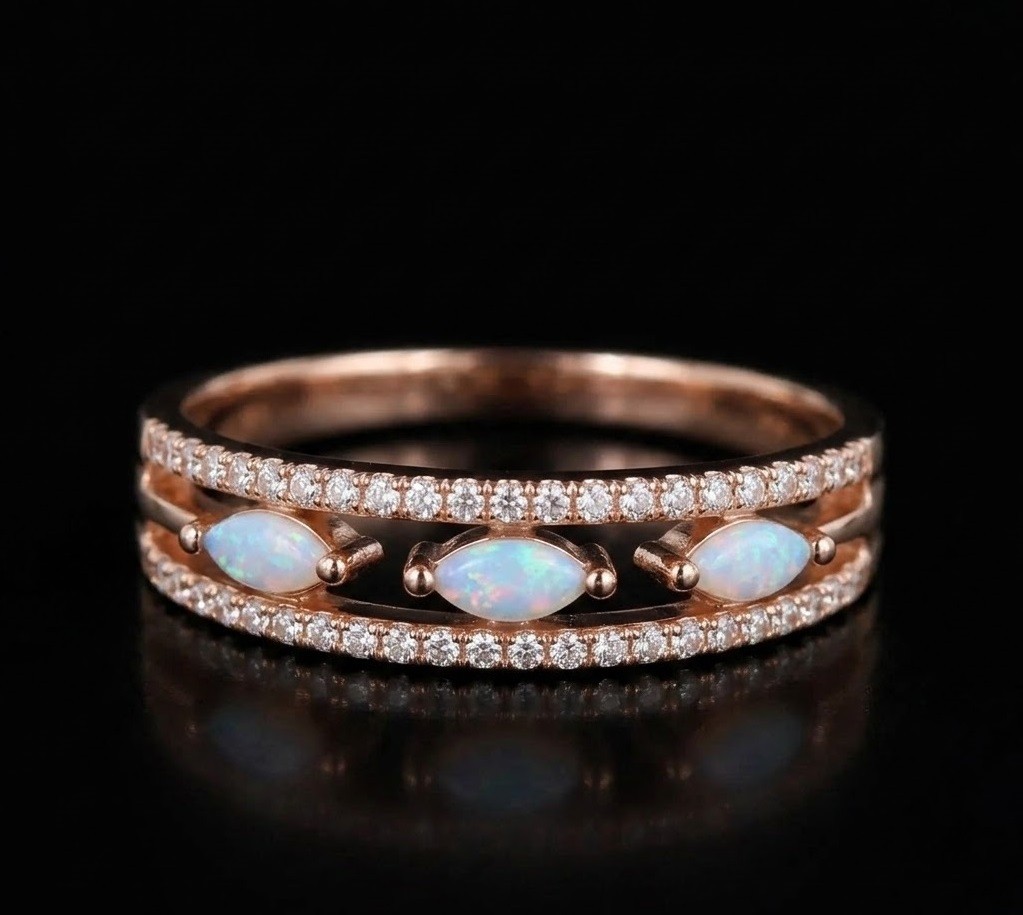 Marquise Cut Opal Stackable Ring, Rose Gold Plated Sterling Silver,