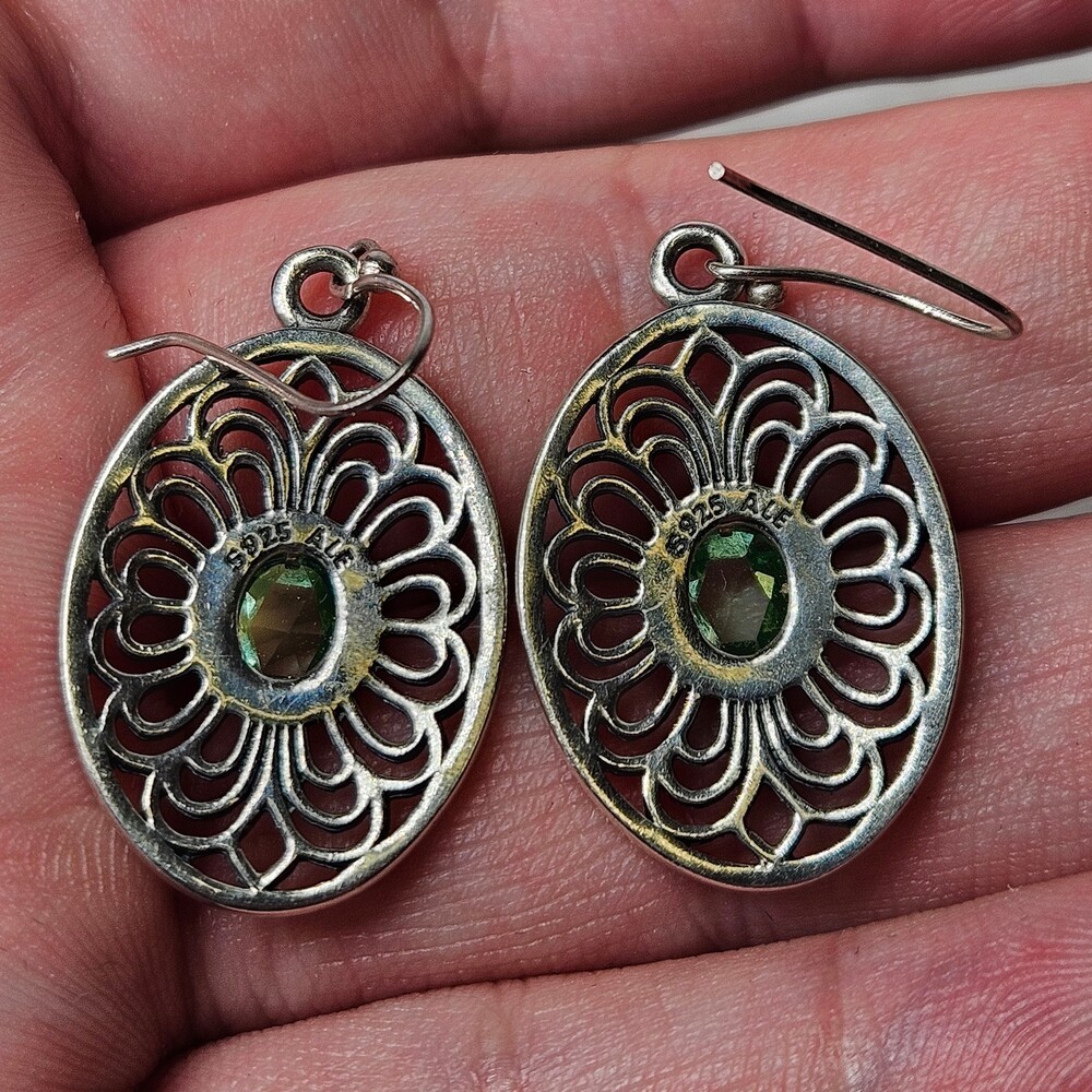 925 Sterling Silver Pandora Allure Green Spinel Filigree Hook On Earrings