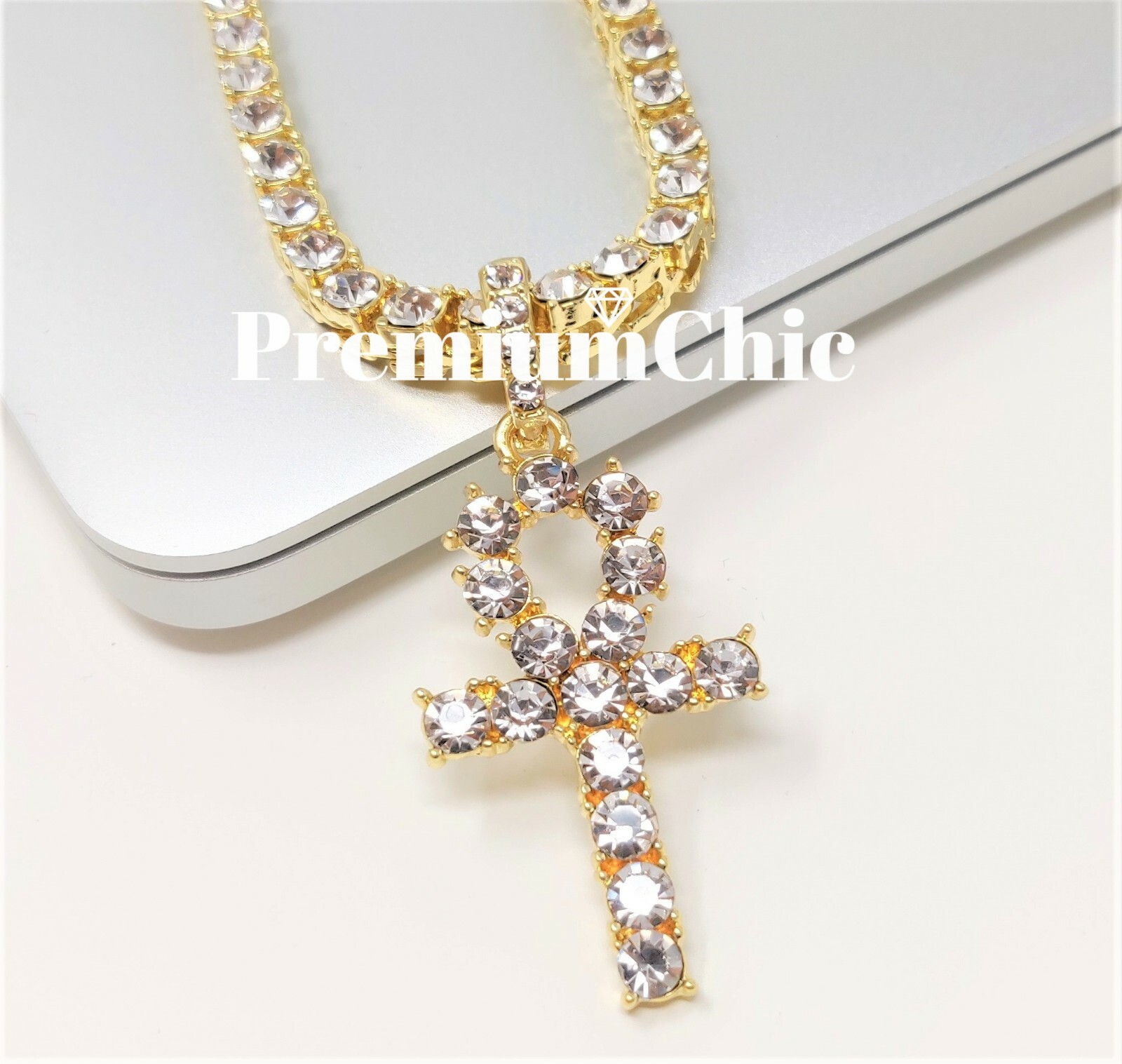 Gold Plated Men ANKH Pendant Tennis Necklace & Miami Cuban Choker CZ Jewelry SET
