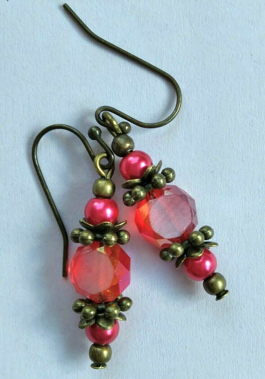RED Frosted CRYSTAL strawberry GLASS PEARL earring BRONZE French hook XX