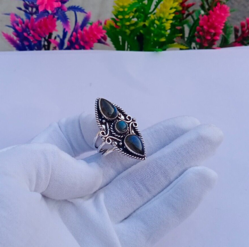 Natural Labradorite Stone Ring, Sliver Plated Ring, Gemstone Jewelry
