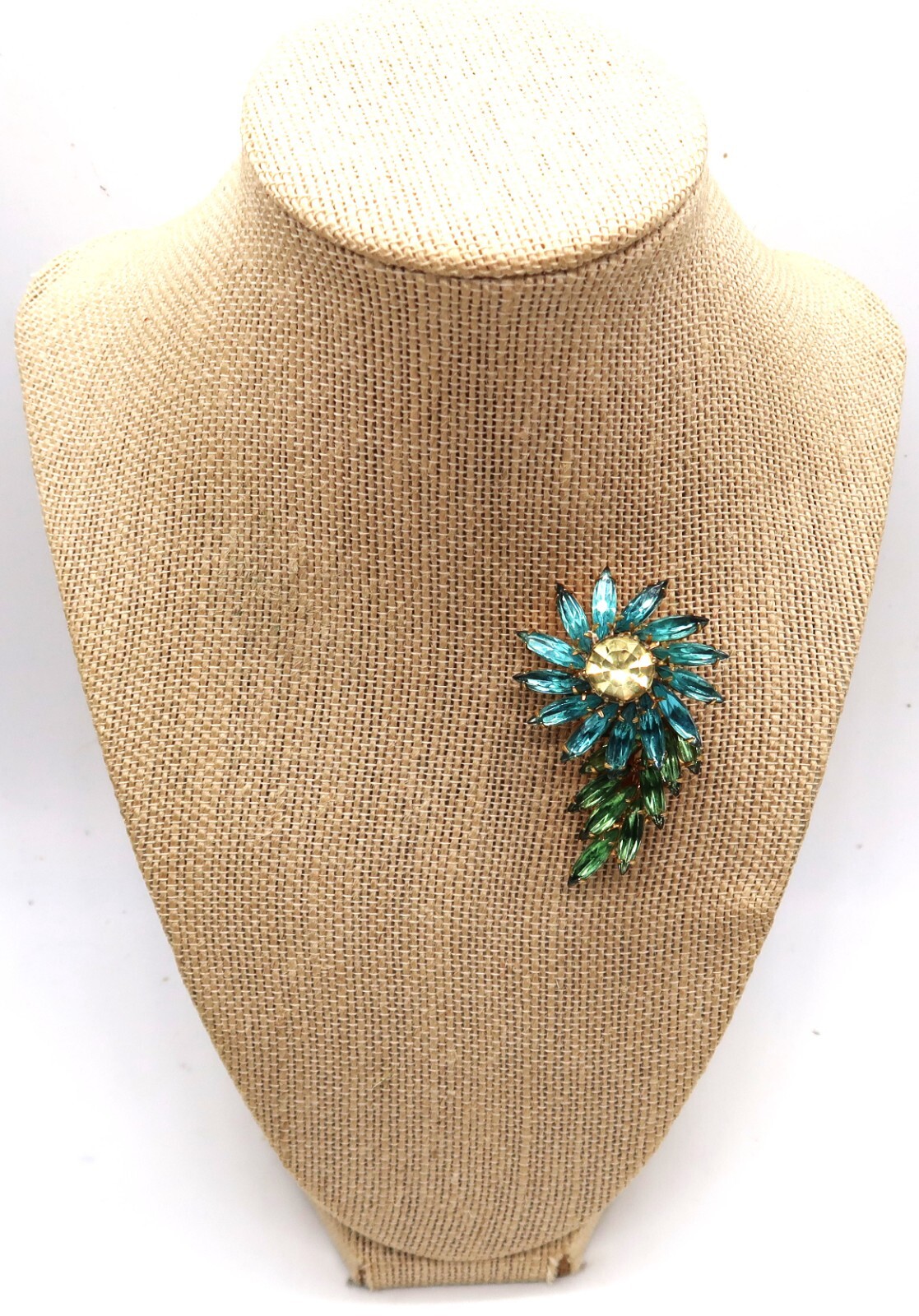 Vtg Blue Green Gold Tone Flower Rhinestone Brooch Prong Setting Fashion Jewelry