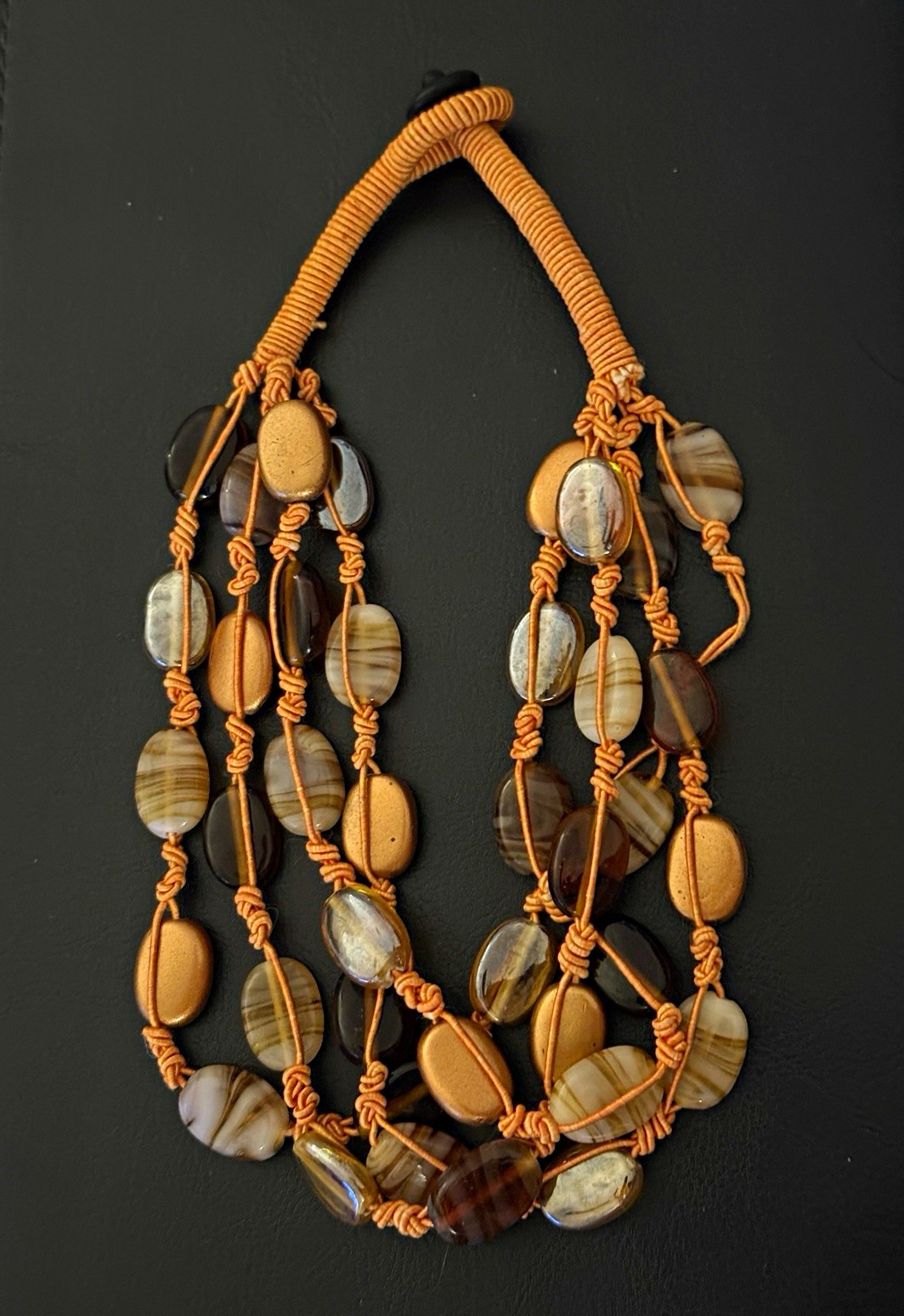 Bohemian Multi-Strand Beaded Statement Necklace w/ Brown Beige Gray Cord
